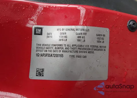 2010 Chevrolet Cobalt Lt z USA, uszkodzony, nr VIN 1G1AF5F55A7200165